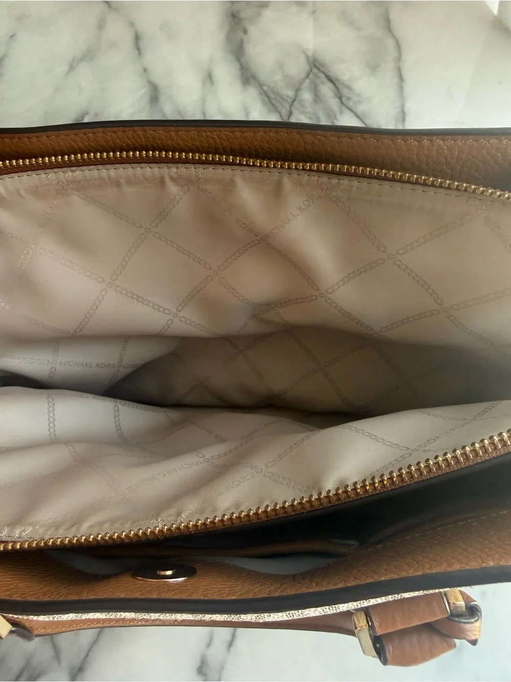 Michael Kors Beige MK Signature Satchel with Brown Trim and Gold Hardware